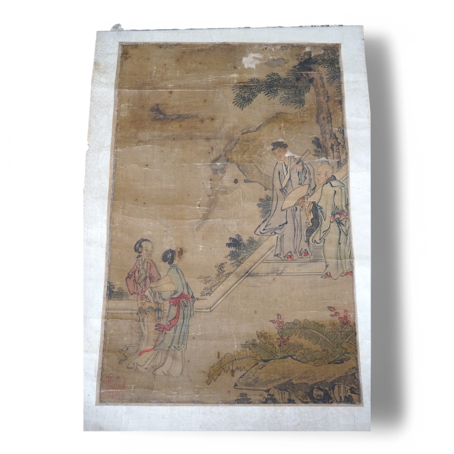 A 19th century Chinese painting on silk scene from Romance of the Western Chamber, unframed, Condition - poor